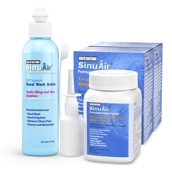 SINUÂIR SinuAir 3-Piece Nasal Irrigation Bundle - 2-Pack Powdered Saline (200g) and EZ Squeeze Nasal Wash Bottle - Soothe Allergy and Sinus Symptoms Quickly