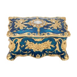 Royalblue Rhinestone Jewelry Box Ring Retro Flower Engraved Earrings Necklace Storage Organizer Box