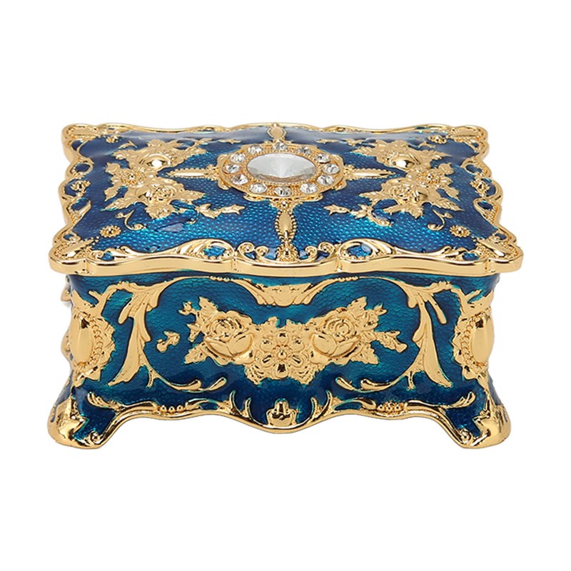 Royalblue Rhinestone Jewelry Box Ring Retro Flower Engraved Earrings Necklace