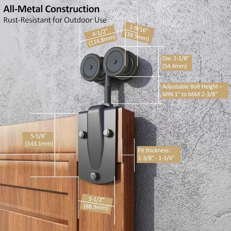 Heavy-Duty Black Exterior Sliding Barn Door Roller Kit, Outdoor Rolling
