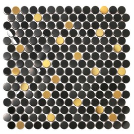 Blujellyfish Black Backsplash Tiles for Kitchen Bathroom Walls Black and Gold Penny Round Mosaic Tiles (Box of 5 Sheets)