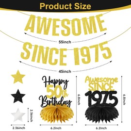 50th Birthday Decorations Awesome Since 1975 Gold Glitter Banner for Men Women, 4Pcs Black Gold Happy 50 Birthday Hanging Sign Party Supplies, Fifty Year Old Bday Table Honeycomb Centerpieces