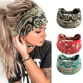 3 Pack Women Wide Elastic Turban Head Wrap Headband Sports yoga Hair Band (Multiple colors, One size)