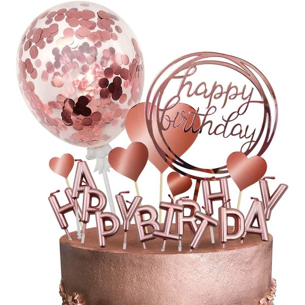 MOVINPE Rose Gold Cake Topper Decoration with Happy Birthday Candles Happy Birthday Banner Confetti Balloon Hearts For Rose Gold Theme Party Decor Girl Women Birthday Party Baby Shower