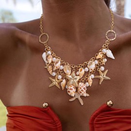 Clearine Bohemian Boho Handmade Simulated Pearls Natural Sea Shell Starfish Collar Bib Statement Chunky Necklace for Women Summer Beach Jewellery Accessories Clear Gold-Tone