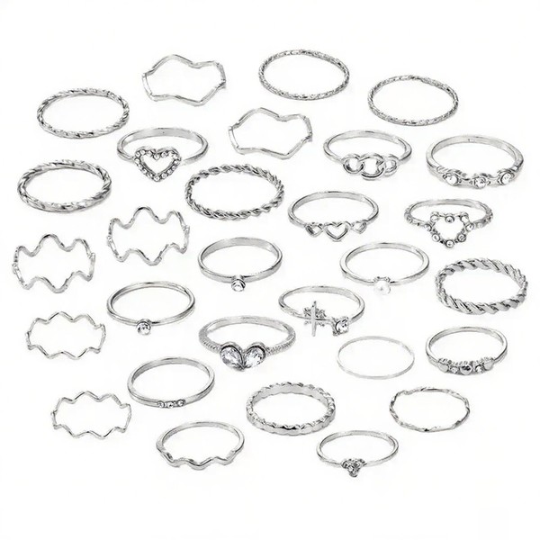 CHUANFU 28 Piece Rings Silver Set, Knuckle Rings Set for