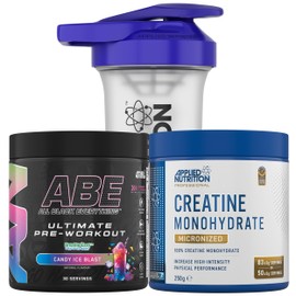 Applied Nutrition Bundle ABE Pre Workout 375g + Creatine 250g + 700ml Protein Shaker | All Black Everything Pre Workout Powder, Energy & Performance with Creatine, Beta Alanine (Candy Ice Blast)