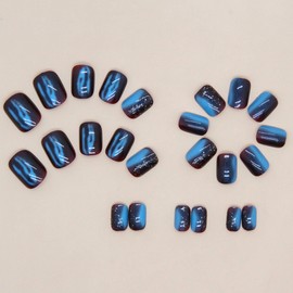 Short Press on Nails Square Fake Nails with Glitter Aurora Designs Red Blue Nails Press ons Glossy Glue on Nails Fall Acrylic Nails Daily Wear Nature False Nails Stick on Nails for Women 24Pcs