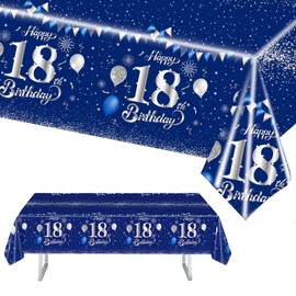 MORAINJAY Birthday Tablecloth for 18,Navy Blue Silver Table Cloth for 18th Birthday Party,137x274cm Table Cover,Rectangular Waterproof Tablecloth for Men,Women, Birthday Party Supplies Table Decor
