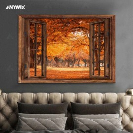 UnBrand Autumn Fall Autumnal Park Autumn Trees Landscape Through Rustic Window Wrappe... - 16x24 in POSTER No Frame