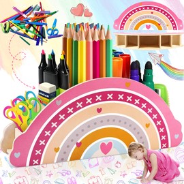 Weploda Rainbow Pen Holder Children, Desk Organiser Rainbow, Rainbow Pens Organiser Wood, 9.8 x 12.7 cm / 11.7 x 5 inches, Wooden Pen Holder Desk Organiser for Home Office