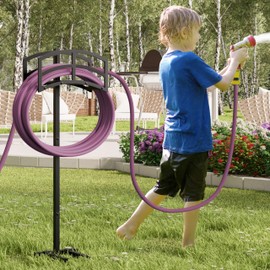 Kingson Heavy-Duty Metal Garden Hose Holder - Detachable & Freestanding Hose Stand with 4 Anchor Points, Black (Outdoor Use)