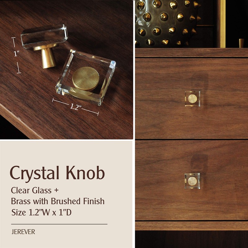 JEREVER 6 Pack Glass Crystal Knobs Brass Drawer Pull Cabinet