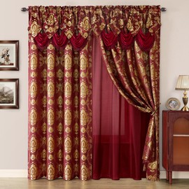 HOMEIDEAS Burgundy Paisley Jacquard Curtains, Victorian Luxury Window Curtains 2 Panels Set with Attached Valance and Sheer Backing, Fancy Drapes for Bedroom & Living Room, 52x84 Inches