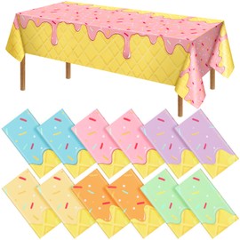 Oudain 12 Pcs Ice Cream Party Tablecloth Ice Cream Birthday Decorations 43 x 71 Inches Sweet Colorful Sundae Disposable Plastic Rectangular Table Cover Banner for Summer Bar Party Supplies
