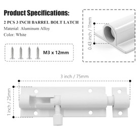Bivethoi 2 PCS 3 Inch Barrel Bolt Latch White Door Latch Hardware, Small Slide Latch Lock Heavy Duty Security Bolt, Aluminum Alloy Gate Slide Lock Latch Mini Warehouse Garage Door Latch (1.3mm Thick)