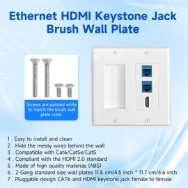 2 Gang Brush Wall Plate, 2-Port Ethernet and 1-Port HDMI, Cat6 RJ45 Keystone Jack Blue with Low Voltage Mounting Bracket for Speaker Wires, Ethernet, HDMI, Coaxial, Power Cords Cable Pass Through