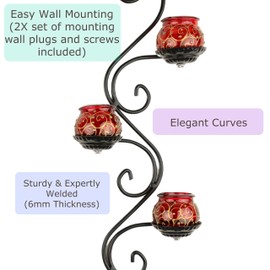 CHAQABONNIE Decorative Rustic Wall Sconce Set of 2, Hand Painted Tealight Candle Holders, Wrought Iron Frame & Stained Glass, Red