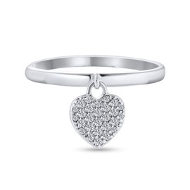 Romantic Dangle Charm CZ Pave Heart Ring For Women Girlfriend .925 Sterling Silver Polished 1MM Band