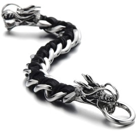 COOLSTEELANDBEYOND Stainless Steel Mens Dragon Curb Chain Bracelet Interwoven with Black Genuine Leather Strap(CA)