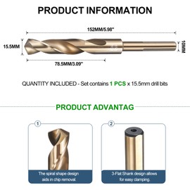 METALLIXITY Drill Bit (15.5mm), 10mm Reduced Shank 3-Flat M2 High Speed Steel Bits 135° Point Angle for Drilling Metal and Steel DIY Projects Gold