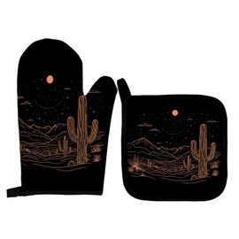 Qeheb Western Desert Black Oven Mitts and Pot Holders Sets, Western Cactus Oven Mitts, Cactus Decor Oven Mitts, Western Black Over Mittens for Kitchen Decor, Western Kitchen Over Gloves Gifts