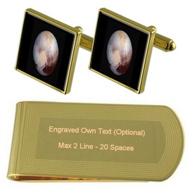 Planet Pluto Gold Engraved Money Clip and Cuff Links Gift Set