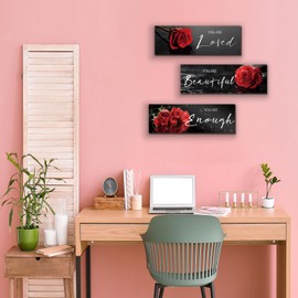 3 Pieces Red Roses Wall Decor Inspirational Red Bathroom Decor Wooden Wall Art Positive Quotes You Are Loved You Are Beautiful You Are Enough for Teen Girls Women Office Bedroom(Red Rose 12 x 4 Inch)