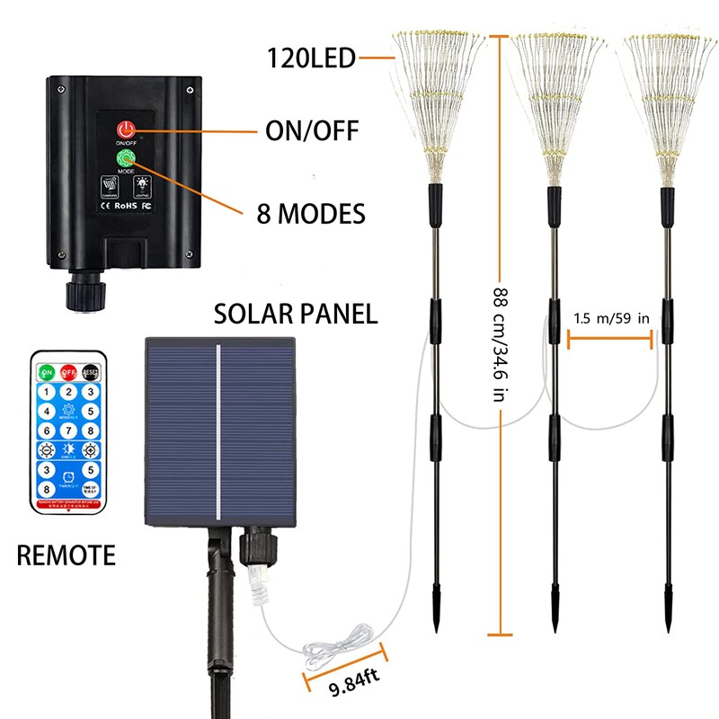 Upgrated 3 Pack Solar Garden Path Lights with Remote, 120