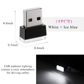 SHMZK 4 PCS USB LED Car Interior Atmosphere Lamp, Mini LED Plug-in USB Interface Trunk Ambient Light, Portable USB Night Lighting Kit Interior Decor for Vehicle Home Office (White+Ice Blue)