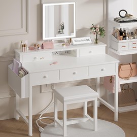 KAI-ROAD White Makeup Vanity Desk with Mirror and Lights, 40 inch Girls Vanity Set with Chair, Make Up Dresser Table with Drawers and Power Outlet for Bedroom Small Space