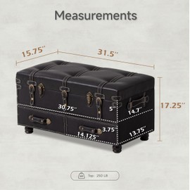 LONYKE Vintage Treasure Chest Bench with Latch Closure and Buckle Trunk, Farmhouse Faux Leather Storage Ottoman Bench for Living Room, Entryway, Bedroom, Sponge Padded ，Matte Black