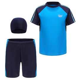 Happy Cherry Boys Swim Set 3 Pieces Swim Trunks and Rash Guard Sets Short Sleeve Sun Protection Swimwear with Swim Cap