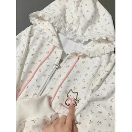 OATSBAS Women's Y2K Cute Floral Hoodies Kawaii Zip Up Hoodies Cartoon Cat Embroidery Oversized Pullover Sweatshirt (white,Large)