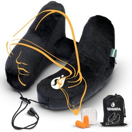 TRAVARA Inflatable Neck Pillow - Adjustable and Compact Travel Pillow, Ultimate Comfort for Long Flights, Airplane Pillow with Detachable Hood - Your Essential Travel Companion