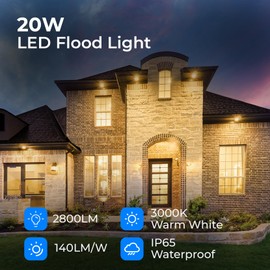 CINOTON 20W LED Flood Lights Outdoor, IP65 Waterproof Exterior Security Wall Light with 180°Knuckle, 2800LM 120V Outside Aluminum Lighting Fixture for Yard Patio Garage Doorway 3000K 2 Pack, UL Listed