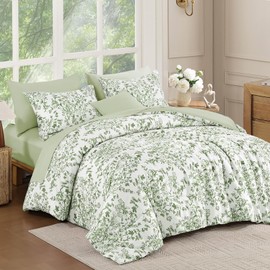 WONGS BEDDING 8 Pieces Queen Size Comforter Set Green, Sage Green Floral Bed in a Bag Comforter Sets, Soft Reversible Botanical Flowers Bedding Sets for All Season (90"x90")