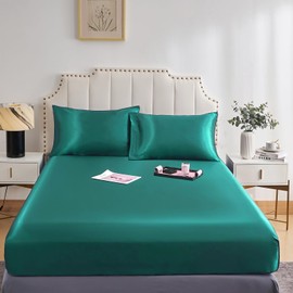 DuShow Satin Fitted Sheet, Teal Green, Single Bed 100 x 200 cm, Silky Satin Bed Sheet with Deep Pockets, Breathable, Soft, Comfortable Satin Bed Linen, Fitted Sheet, Suitable for Mattresses up to 30