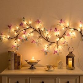 Luz de vid de sauce con mariposa, 48 luces LED de 1.8 m, decoración de pared encantada, 8 modos de luz para decoración de pared interior del hogar (blanco cálido)