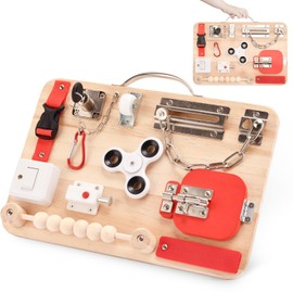 Wooden Busy Board for Toddlers -Montessori Educational Fidget Toys - Sensory Toys for Autism - Activity Board for Kids Baby Boys Girls, ADHD- Fine Motor Kids Travel Toys