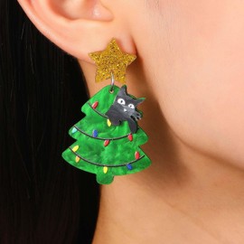 Inateannal Christmas Tree Drop Earrings Christmas Cat Tree Earrings Green Acrylic Christmas Dangle Earrings Cute Cartoon Cat Earrings Star Stud Earrings