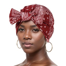 Turban Bows for Women, Cashew Bow Head Wraps Cotton Silky Lined Sleeping Cap Hair Turban Durag Skull Sleep Cap Nightcap Bow Beanies, Wine Red