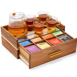 Acacia Wood Tea Bag Organizer, Tea Box with Storage Drawer, 8 Compartments Tea Organizer for Tea Bags with Glass Window, Coffee Pods and Tea Organizer Holder for Countertop, Tea Station Chest Display