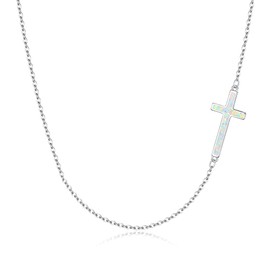 EVER FAITH 925 Sterling Silver White AB Opal Simple Classic Small Sideways Cross Choker Necklace for Women