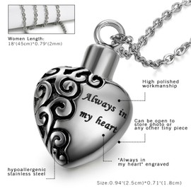Oidea Womens Stainless Steel Urn Heart Locket Memory Pendant Necklace Always in My Heart Engraved