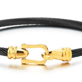 Stylish Black and Gold Stainless Steel Twisted Wire Bangle Bracelet with Hook Clasp for Women(CA)