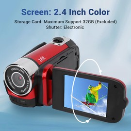 Video Camera Camcorder, 16MP 1080P Digital Camera with 2.4 Inch Flip Screen, 16X Digital Zoom Anti Shake Vlogging Camera Recorder, Fill Light, Loop Recording Camera (Red)