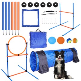 MelkTemn Dog Agility Training Equipment Set Outdoor Indoor, Tire Jump + Hurdle Jump, Tunnel, Weave Poles w/Stand, Pause Box, 2 Toy Balls, 2 Flying Discs, 1 Whistle, Carry Bag, Dog Obstacle Course Kit