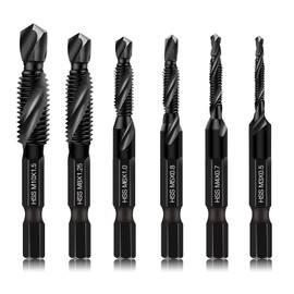 6 Packs Combination Drill & Taps Bit Set, Screw Tapping in SAE Size M3*0.5 M4*0.7 M5*0.8 M6*1.0 M8*1.25 M10*1.5 with Anti-Rust Black Coating, 6mm Hex Shank and Storage Case