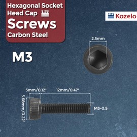 Kozelo 6個入りソケットヘッドキャップスクリュー - [M3-0.5 x 12mm] 合金鋼 完全ねじ付き 黒色酸化物 グレード12.9 内部六角スクリュー 3Dプリンター用 家具 工業用 黒